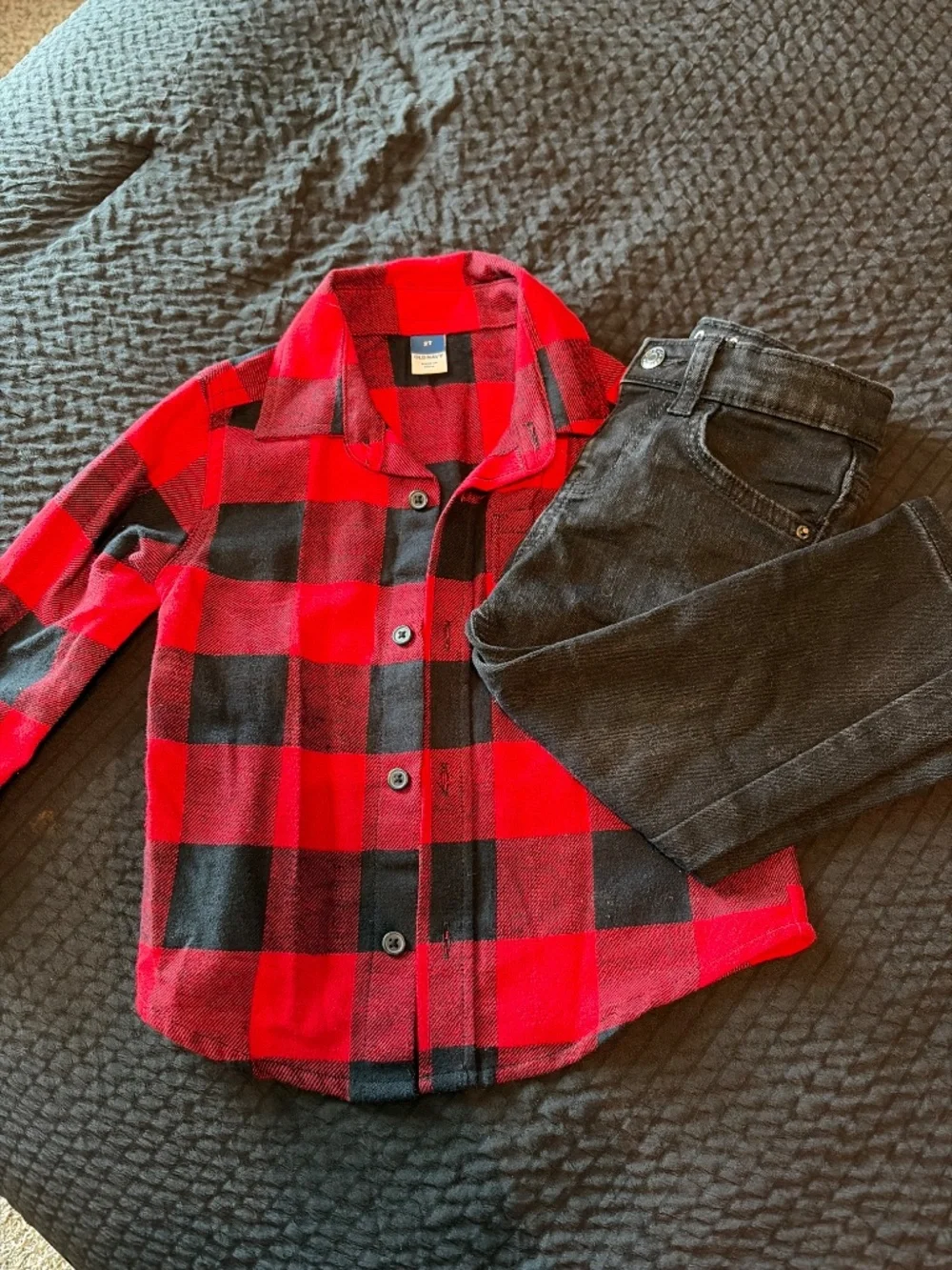 Toddler boy plaid button down and black jeans